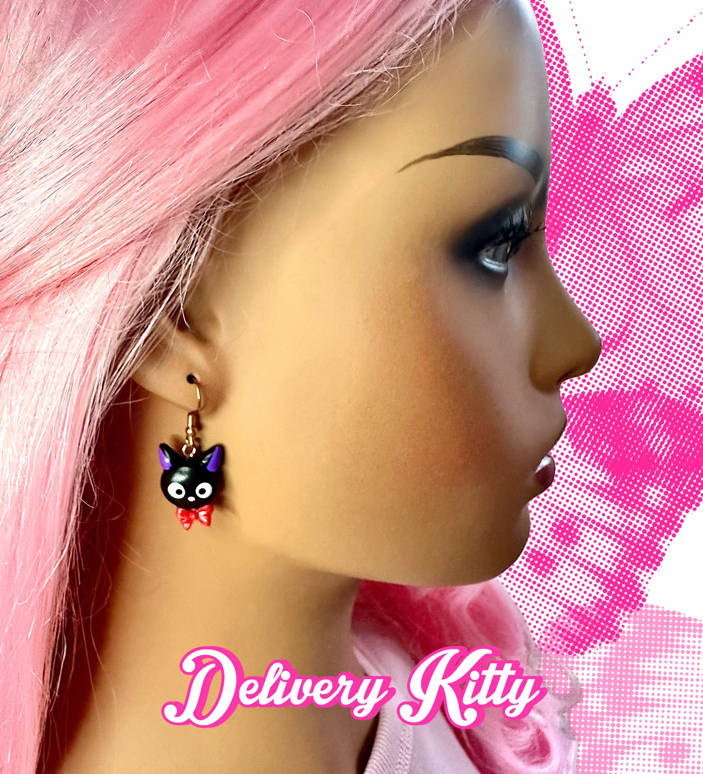 model wearing cute kawaii kikis delivery service handmade clay earrings