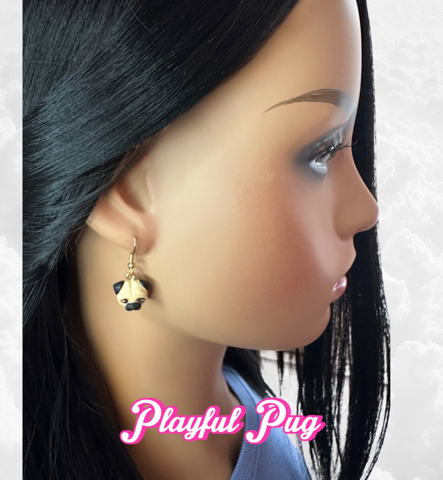 model wearing handmade cute kawaii clay pug earrings