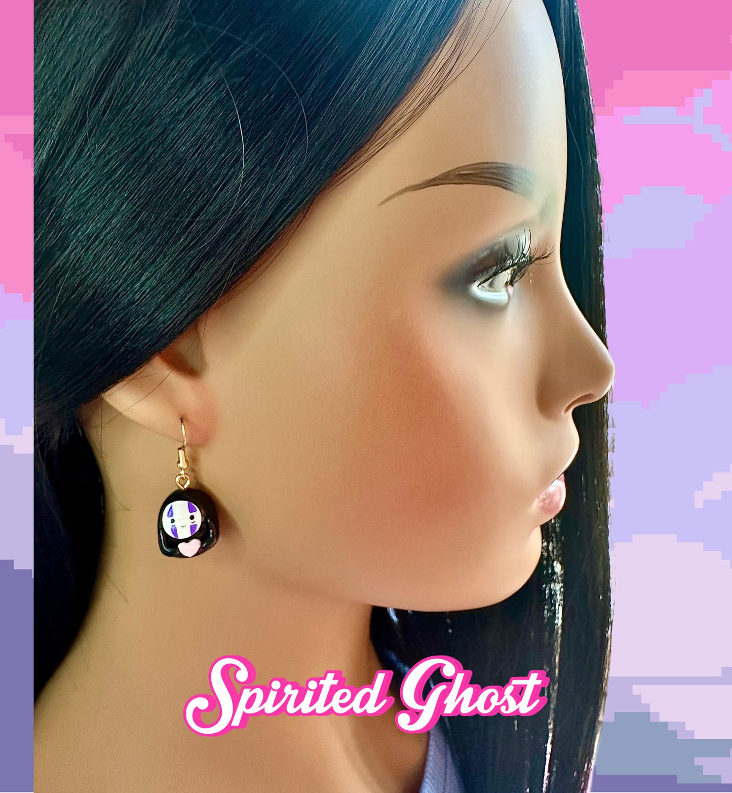 model wearing cute kawaii spirited away handmade clay earrings