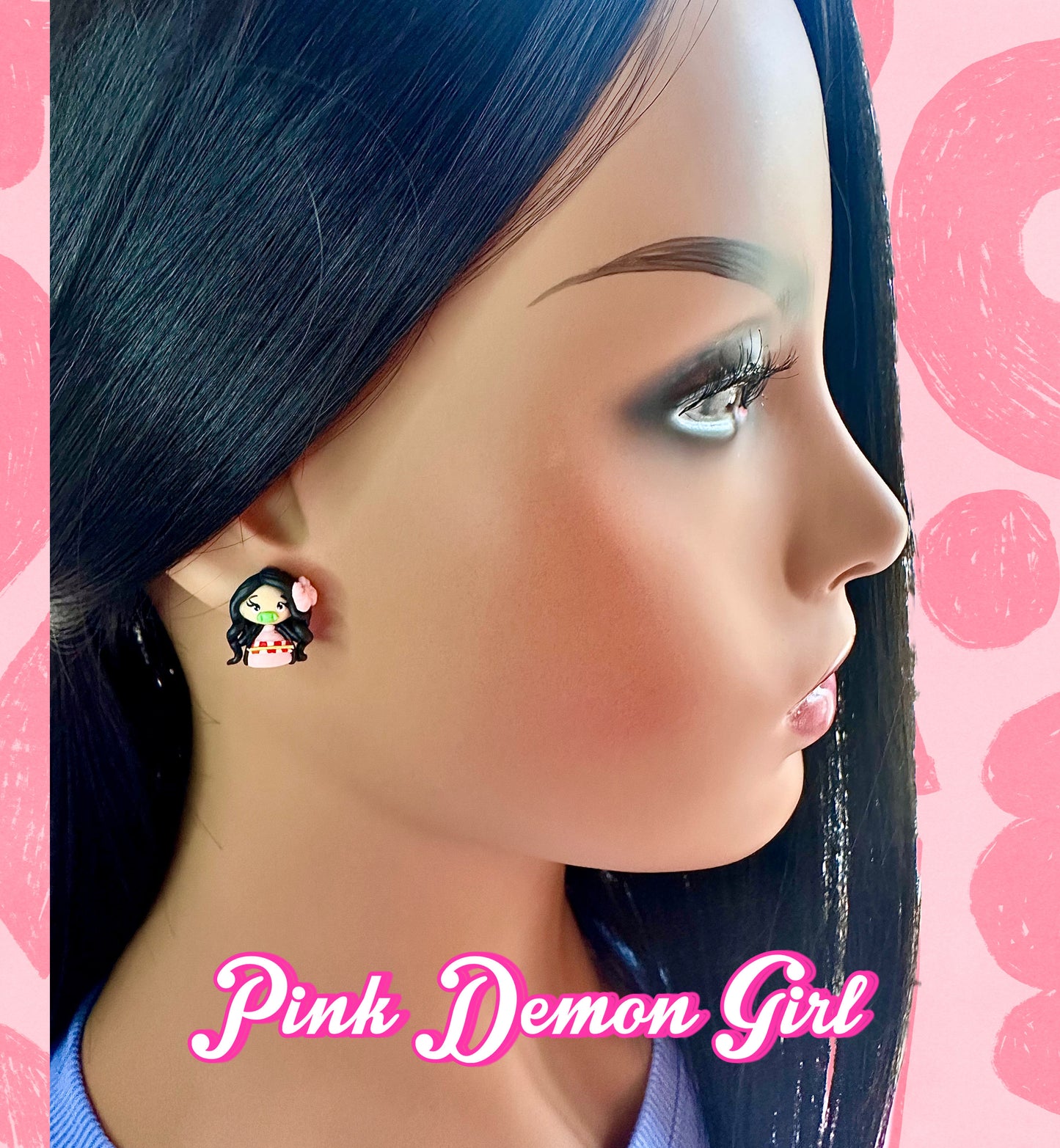 model wearing Nezuko Demon Slayer handmade clay kawaii earrings