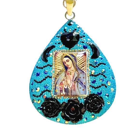 Sterling Silver Virgen Mary large Crystal Pave necklace with black roses 26