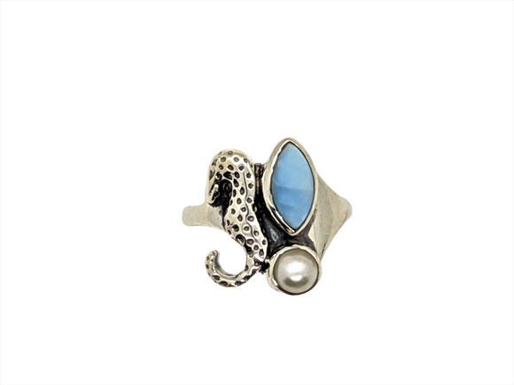 Larimar Seahorse and Pearl Sterling Silver women ring Size 7