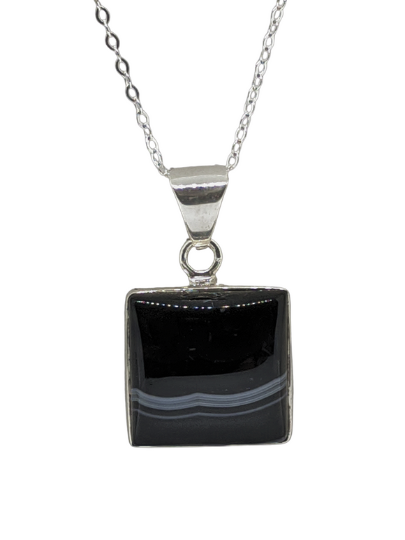 Black Banded Agate Pendant 925 Sterling Silver necklace 20
