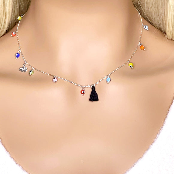 Multicolor Evil Eye sterling silver necklace with lucky elephant charm and black mini tassel 18