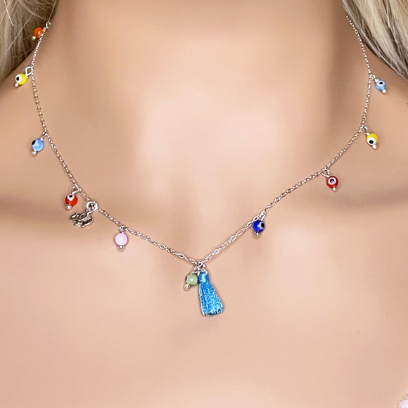 Multicolor Evil Eye sterling silver necklace with lucky elephant charm and blue mini tassel 18