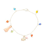Multicolor Evil Eye sterling silver bracelet with lucky elephant charm and pink mini tassel