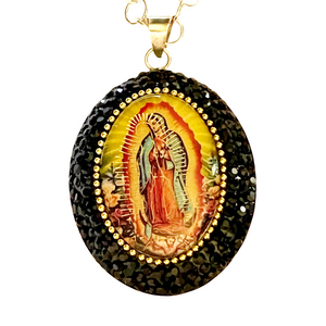 Sterling Silver Virgen Mary large Crystal Pave pendant with Black Crystals. Lady of Guadalupe necklace 26" chain