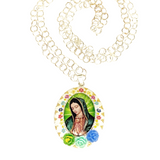 Sterling Silver Virgen Mary large Crystal Pave pendant with white & multicolor Crystals. Lady of Guadalupe necklace 26" chain