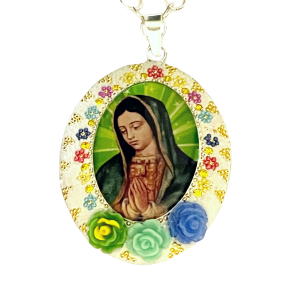 Sterling Silver Virgen Mary large Crystal Pave pendant with white & multicolor Crystals. Lady of Guadalupe necklace 26
