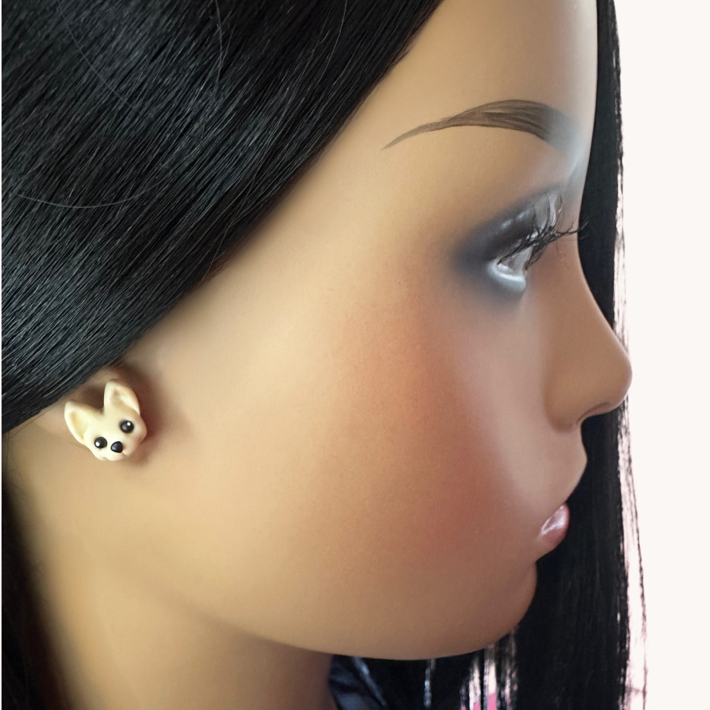handmade polymer clay chihuahua earrings on model