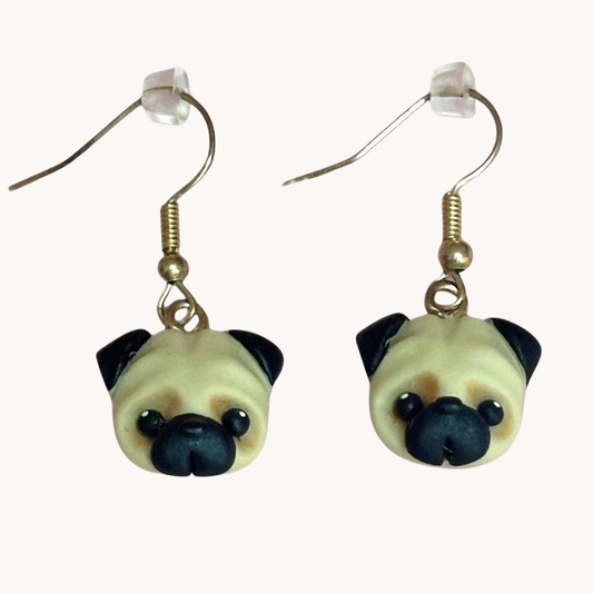 handmade polymer clay pug earrings on gold toned hooks