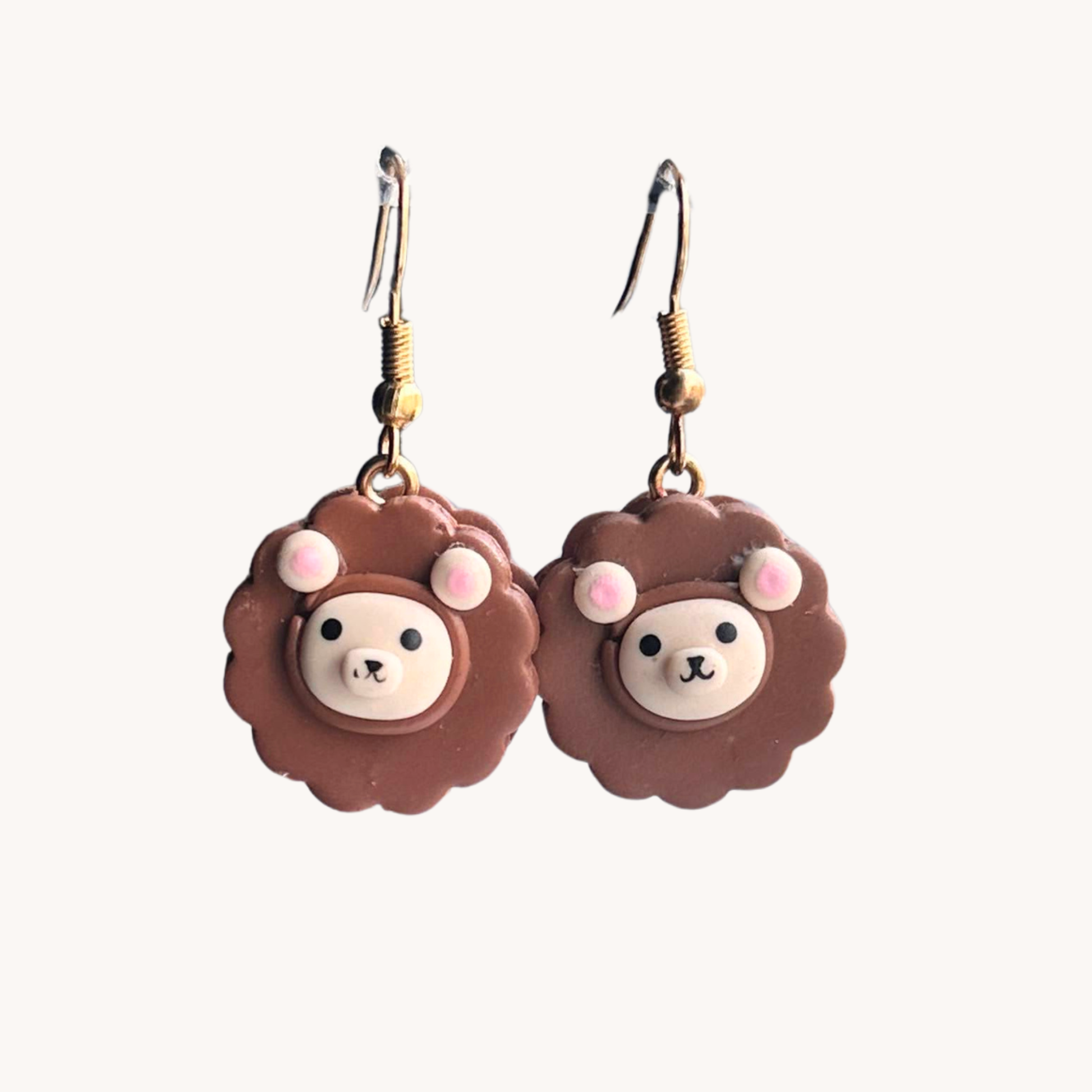polymer clay Bear face inside of a biscuit on gold tone hooks