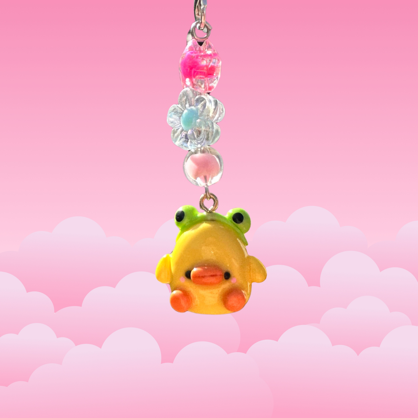 cute handmade polymer clay duck with frog headband phone charm