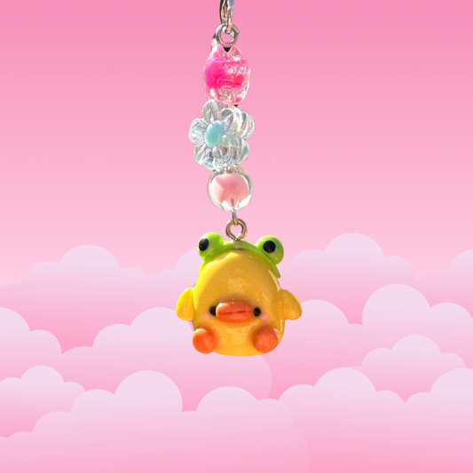 cute handmade polymer clay duck with frog headband phone charm