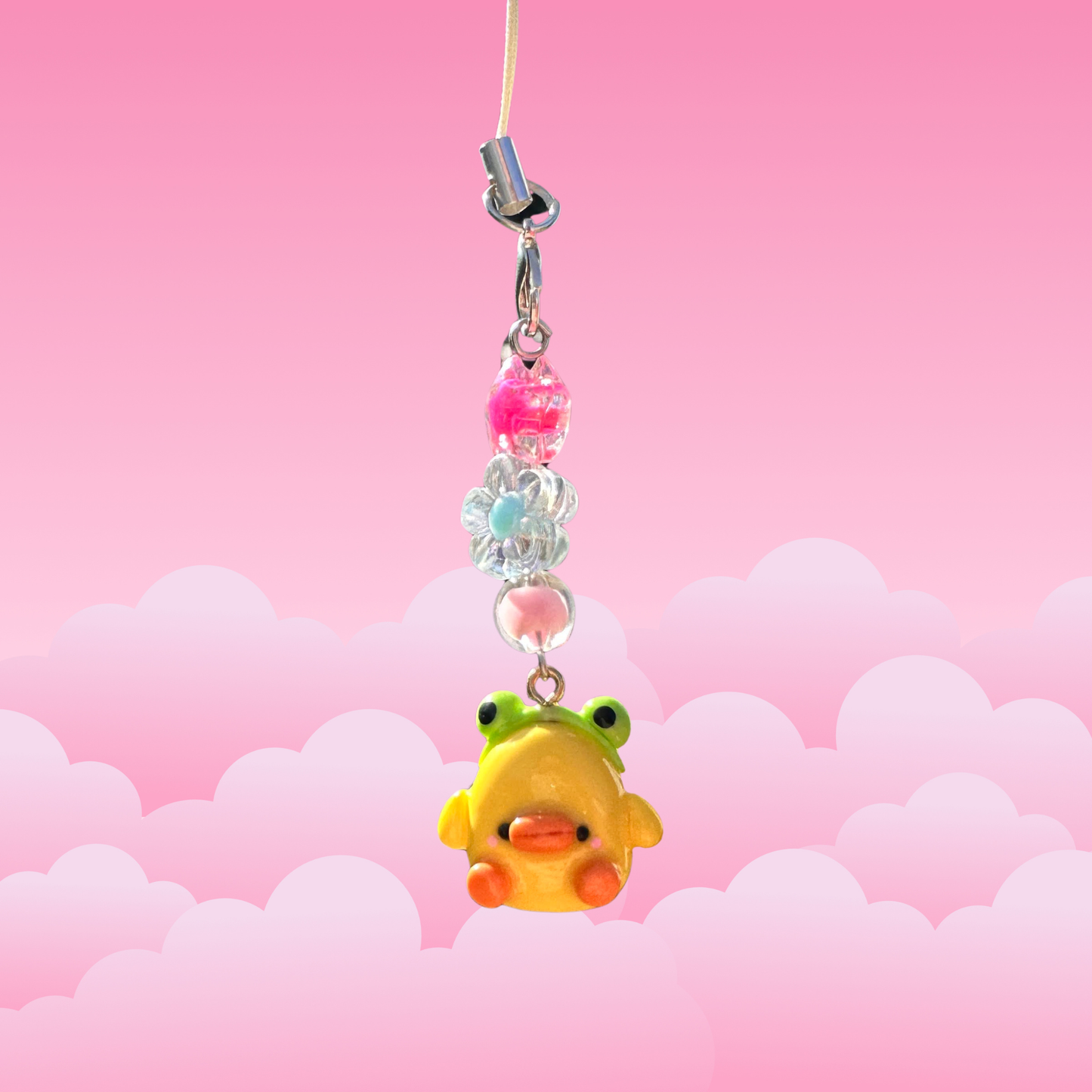 cute handmade polymer clay duck with frog headband phone charm