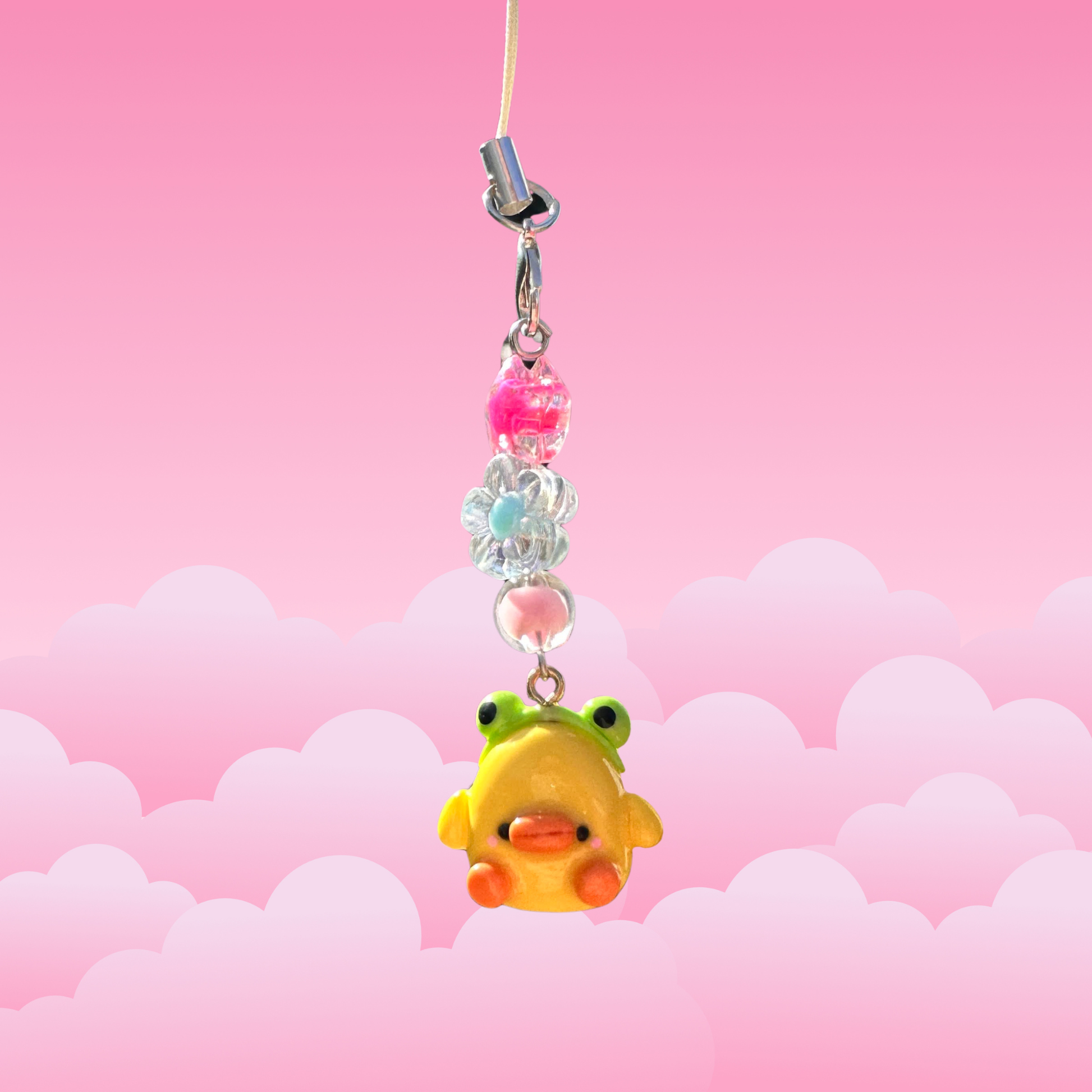 cute handmade polymer clay duck with frog headband phone charm