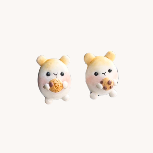 polymer clay hamster holding chocolate chip cookie stud earrings