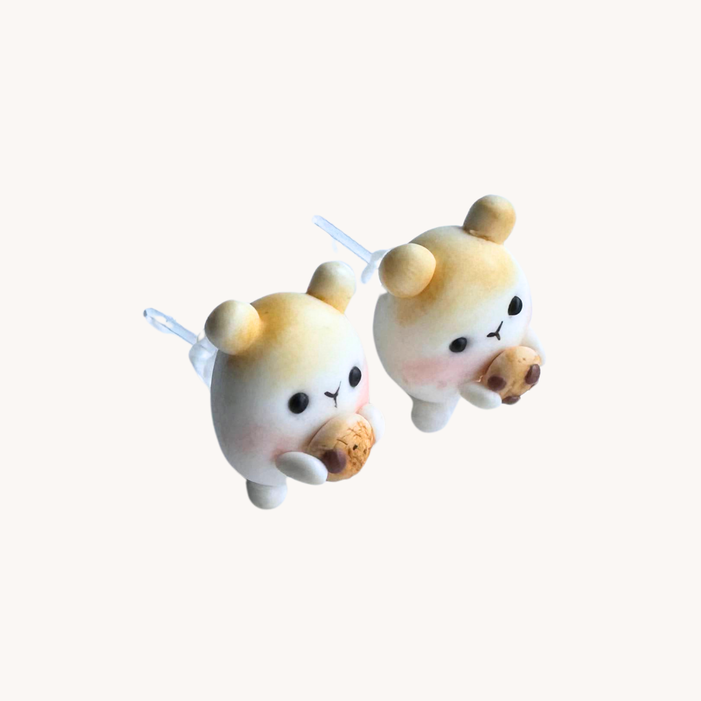 polymer clay hamster holding chocolate chip cookie stud earrings