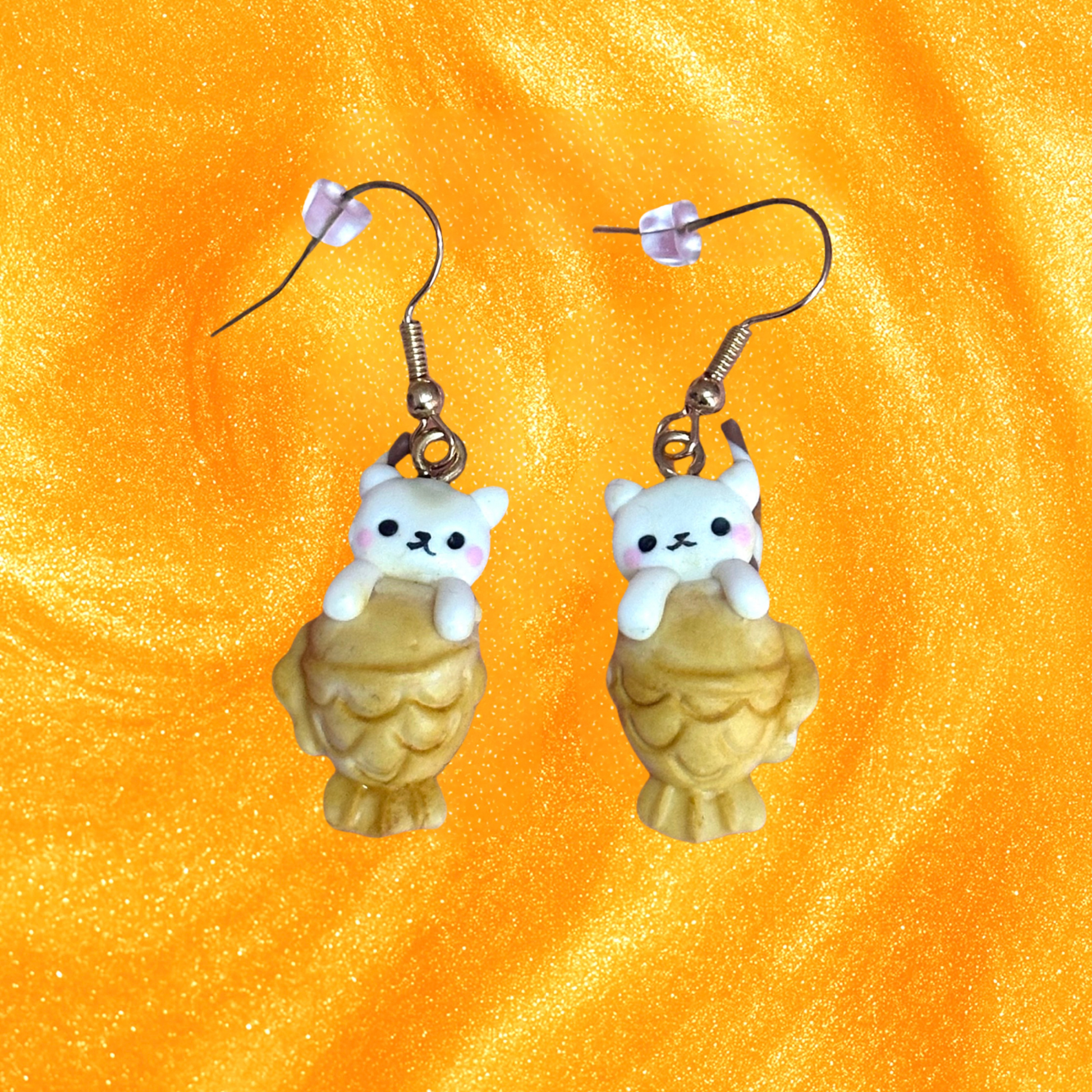 cute kawaii handmade clay taiyaki cat earrings