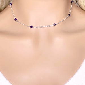 Amethyst stone  925 Sterling Silver beaded Necklace 16" - Amethyst Sterling Silver Choker