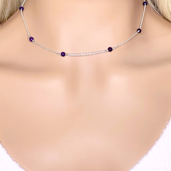 Amethyst stone  925 Sterling Silver beaded Necklace 16