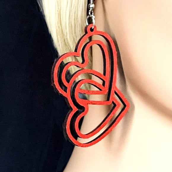 Double Hearts Wood Earrings. Black or Red Hearts colors dangle earrings
