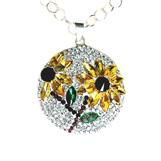 Large Sunflower Crystal Pave Pendant 925 Sterling Silver Necklace  22