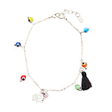 Multicolor Evil Eye sterling silver bracelet with lucky elephant charm and black mini tassel