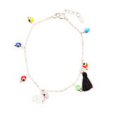 Multicolor Evil Eye sterling silver necklace with lucky elephant charm and black mini tassel 18"