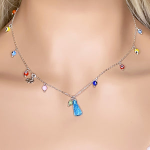 Multicolor Evil Eye sterling silver necklace with lucky elephant charm and blue mini tassel 18"
