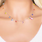 Multicolor Evil Eye sterling silver necklace with lucky elephant charm and pink mini tassel 18"