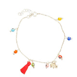 Multicolor Evil Eye sterling silver bracelet with lucky elephant charm and red mini tassel