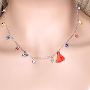 Multicolor Evil Eye sterling silver necklace with lucky elephant charm and red mini tassel 18"