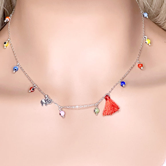 Multicolor Evil Eye sterling silver necklace with lucky elephant charm and red mini tassel 18