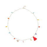 Multicolor Evil Eye sterling silver necklace with lucky elephant charm and red mini tassel 18"
