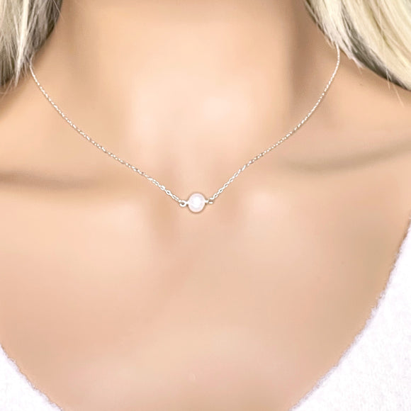 Sterling Silver Single Pearl beaded Necklace - Pearl Choker