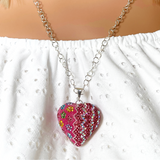 Sterling Silver Pink Heart with flowers Crystal Pave necklace - Pave heart pendant with chime 26" chain