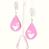 Hearts Drop Large Wood Earrings - Pink or Red color Hearts earrings