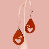 Hearts Drop Large Wood Earrings - Pink or Red color Hearts earrings
