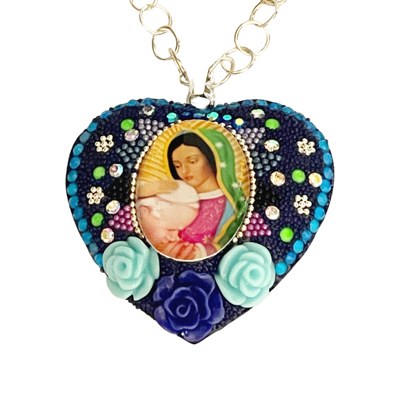 Crystal Pave Sterling Silver Blue Heart shaped Virgen Mary with Pope necklace  26