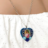 Crystal Pave Sterling Silver Blue Heart shaped Virgen Mary with Pope necklace  26" chain