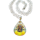 Sterling Silver Virgen Mary large Crystal Pave necklace with yellow roses 26" chain