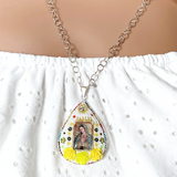 Sterling Silver Virgen Mary large Crystal Pave necklace with yellow roses 26" chain