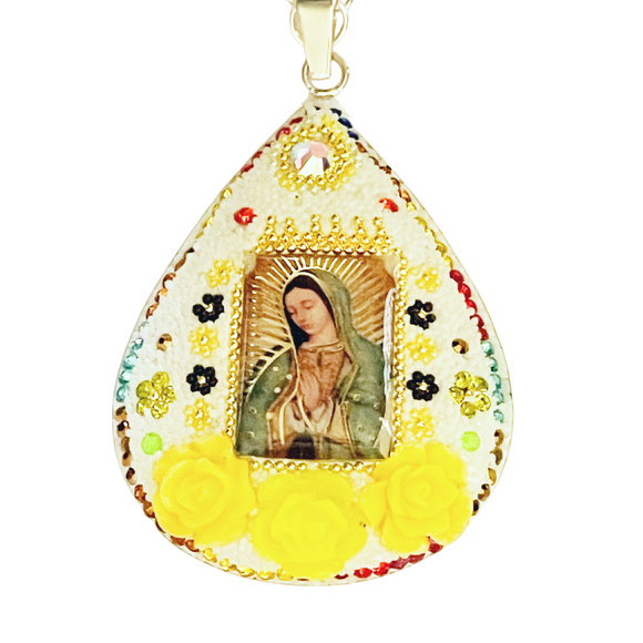 Sterling Silver Virgen Mary large Crystal Pave necklace with yellow roses 26
